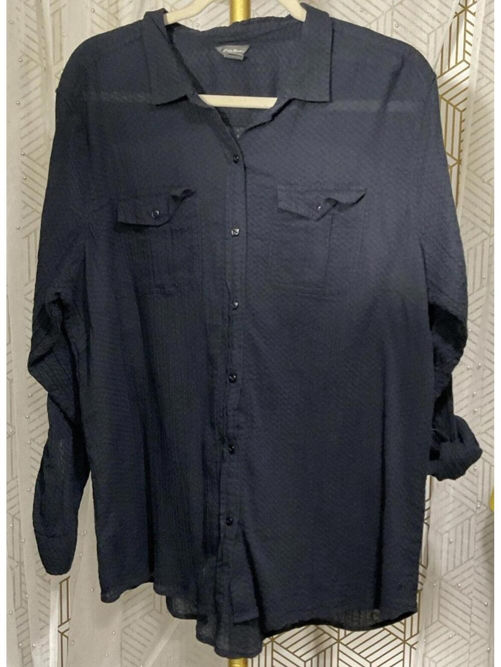 Eddie Bauer Women’s Navy Button Up 100% Cotton Long Sleeve Roll Tab  2XL